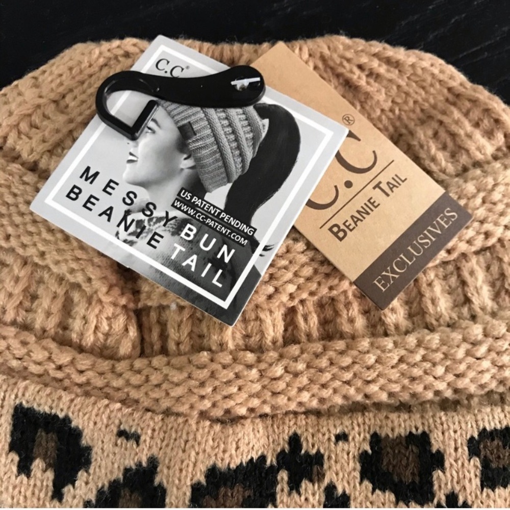 C.C Exclusives Messy Bun Beanie Tail Leopard Hat - Picture 2 of 8